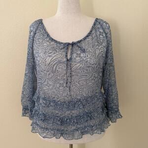 H&M Women Sheer Floral Blue 3/4" Sleeves Boho Blouse Size 10
